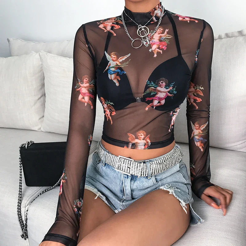 Top gothique transparent à motif Cupidon