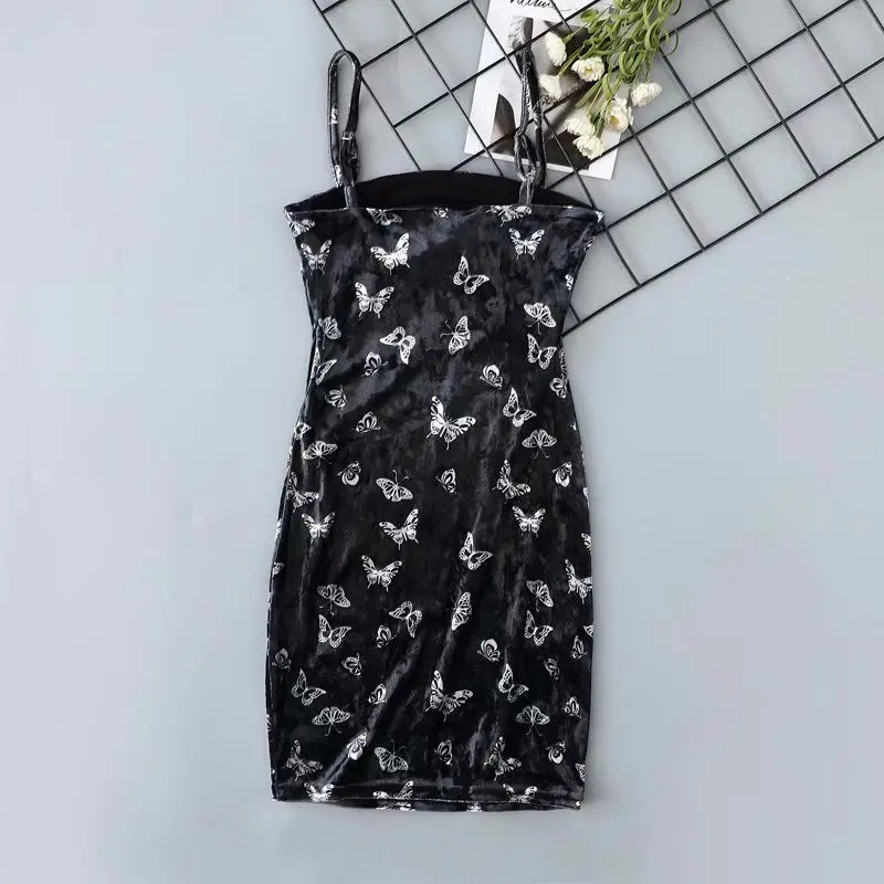 SCHWARZES KURZES GOTHIC-KLEID MIT SCHMETTERLINGEN