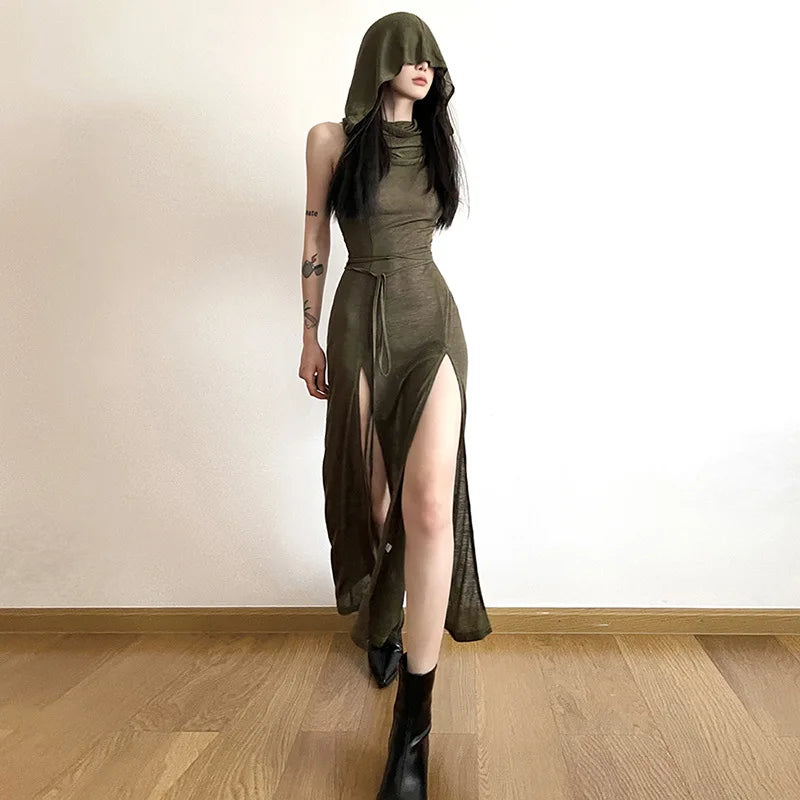 Gothic-Kleid mit Kapuze - Grün