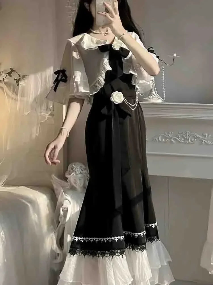 Französisches Gothic-Kleid mit Trägern – schwarzer Zweiteiler
