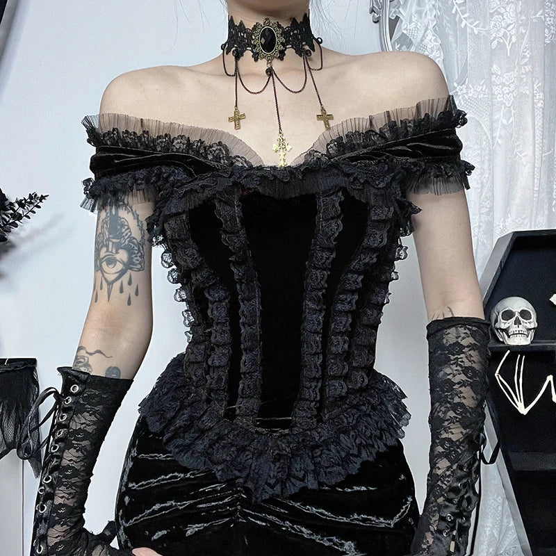 Samtbluse mit nackten Schultern – schwarz