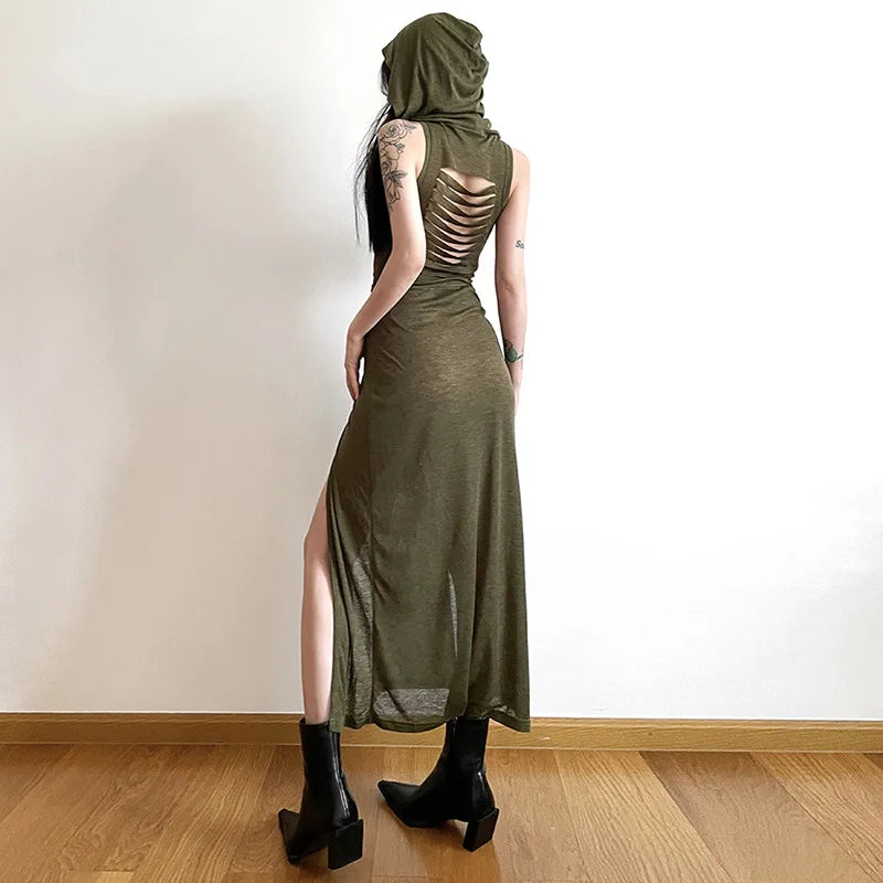 Gothic-Kleid mit Kapuze - Grün