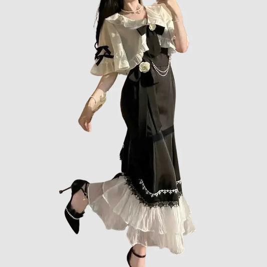 Französisches Gothic-Kleid mit Trägern – schwarzer Zweiteiler