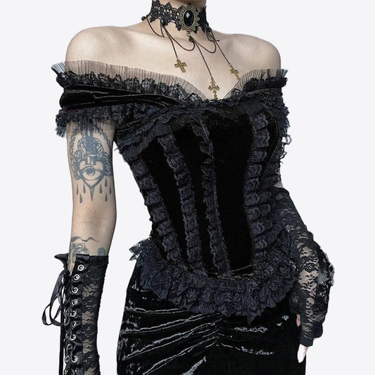 Samtbluse mit nackten Schultern – schwarz