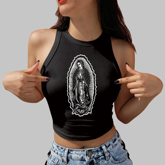 Kurze Gothic-Bluse mit Maria-Magdalena-Motiv